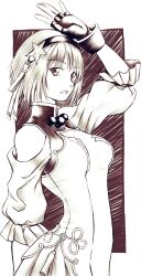 Rule 34 | 1girl, arm behind back, arm up, asamiya athena, bare shoulders, breasts, chinese clothes, fingerless gloves, gloves, hair ornament, hairband, highres, looking at viewer, medium breasts, medium hair, monochrome, parted lips, solo, star (symbol), star hair ornament, the king of fighters, the king of fighters xv, traditional media, white sleeves