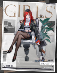 Rule 34 | 1girl, 6p62, 6p62 (6p62&#039;s offer) (girls&#039; frontline), 6p62 (girls&#039; frontline), barcode, black footwear, black hat, black jacket, black pantyhose, blue eyes, blue shorts, breasts, buckle, chair, character doll, character name, chest strap, closed mouth, commentary, company name, copyright name, crossed legs, english commentary, epaulettes, full body, garrison cap, girls&#039; frontline, gold trim, hair between eyes, hair ornament, hairclip, hat, high collar, high heels, highres, jacket, jacket on shoulders, lanyard, large breasts, long hair, long sleeves, looking at viewer, office lady, official alternate costume, official art, own hands clasped, own hands together, pantyhose, paperclip, patent heels, plant, potted plant, promotional art, pumps, red hair, red soles, second-party source, shirt, shoes, shorts, sitting, smile, snap-fit buckle, solo, stiletto heels, tablet pc, thigh strap, very long hair, watch, white shirt, wristwatch