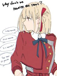 Rule 34 | 1girl, blonde hair, blue ribbon, closed mouth, commentary request, dress, english text, expressionless, hair ribbon, highres, long sleeves, lycoris recoil, lycoris uniform, medium hair, neck ribbon, nishikigi chisato, one side up, red dress, red eyes, red ribbon, rewrite the stars (song), ribbon, shiratama draw, solo, speech bubble, upper body