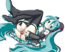 Rule 34 | 1girl, 3:, anus, aqua eyes, aqua hair, aqua nails, black panties, blush, boots, clitoris, female focus, flat chest, hatsune miku, legs, legs up, long hair, looking at viewer, lying, nail polish, necktie, nipples, no bra, nude, on back, open clothes, open shirt, panties, panty pull, pussy, shirt, solo, spread pussy, thigh boots, thighhighs, tofu (tf07px), twintails, uncensored, underwear, urethra, very long hair, vocaloid