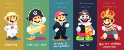 Rule 34 | baseball cap, business suit, clipboard, clown nose, cosplay, costume switch, crown, english text, formal, gigi d.g., hat, helmet, innertube, male focus, mario, mario (series), nintendo, old-fashioned swimsuit, pirate hat, pith helmet, sailor collar, sailor shirt, shirt, shorts, striped clothes, striped shirt, suit, super mario odyssey, swim ring, swimsuit, | |, || ||