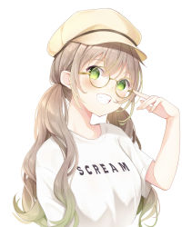 Rule 34 | 1girl, absurdres, brown hair, cabbie hat, clenched teeth, glasses, green eyes, green hair, hand up, hat, highres, koki (latte1023), long hair, looking at viewer, low twintails, multicolored hair, original, shirt, short sleeves, simple background, smile, solo, teeth, twintails, upper body, white background, white shirt, yellow hat