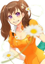 Rule 34 | 10s, 1girl, absurdres, arms behind back, bad id, bad pixiv id, blurry, blush, breasts, brown hair, cleavage, collarbone, depth of field, diane (nanatsu no taizai), flower, gloves, grin, hair flower, hair ornament, highres, leotard, long hair, nanatsu no taizai, peachild230s2, puffy sleeves, purple eyes, shiny clothes, single glove, smile, solo