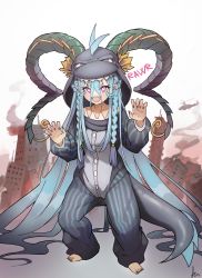 Rule 34 | + +, 1girl, :d, absurdly long hair, absurdres, aged down, animal costume, black nails, blue hair, braid, building, claw pose, commentary, cosplay, crown braid, dragon costume, dragon hood, dragon tail, english commentary, fangs, fate/grand order, fate (series), full body, hair between eyes, highres, hood, hood up, horns, horns through headwear, kigurumi, kiritzugu, long hair, long sleeves, looking at viewer, nail polish, open mouth, pointy ears, puffy long sleeves, puffy sleeves, purple eyes, sharp teeth, signature, smile, solo, symbol-shaped pupils, tail, teeth, thick eyebrows, tiamat (fate), twin braids, v-shaped eyebrows, very long hair, x-shaped pupils