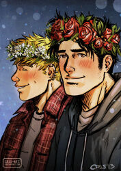 Rule 34 | 2boys, bad id, bad tumblr id, bara, black hair, blonde hair, blush, closed eyes, collared shirt, couple, cris art, facial hair, flower, flower wreath, hulkling, layered shirt, long sideburns, looking at another, male focus, marvel, multiple boys, rose, shirt, short hair, shy, sideburns, sideburns stubble, smile, stubble, thick eyebrows, upper body, wiccan, yaoi