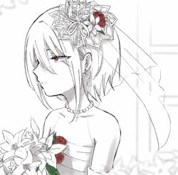 Rule 34 | 1girl, :|, accelerator (toaru majutsu no index), albino, ambiguous gender, androgynous, bare shoulders, bouquet, bridal veil, closed mouth, collarbone, commentary request, crown, crown hair ornament, detached sleeves, diceloooc, dress, earrings, expressionless, flower, from side, genderswap, genderswap (mtf), greyscale, hair between eyes, half-closed eyes, holding, holding bouquet, jewelry, lace, lace-trimmed dress, lace trim, lily (flower), limited palette, mini crown, monochrome, neck, necklace, pearl necklace, pixie cut, portrait, red eyes, red flower, red rose, rose, short hair, sidelocks, single earring, solo, spot color, standing, suzushina yuriko, toaru majutsu no index, veil, wedding dress, white background, white dress, white hair, window