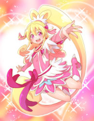 Rule 34 | 1girl, :d, aida mana, bad id, bad pixiv id, blonde hair, blush, boots, bow, brooch, cure heart, dokidoki! precure, hair ornament, half updo, heart, heart brooch, heart hair ornament, jumping, knee boots, long hair, mocio, open mouth, outstretched arms, outstretched hand, pink bow, pink eyes, pink footwear, ponytail, precure, shakeko (shake5), smile, solo, sparkle, spread arms
