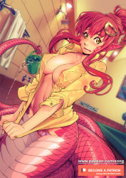 Rule 34 | 1girl, areola slip, artist name, bathroom, blush, breasts, bucket, collarbone, commentary, covered erect nipples, embarrassed, english commentary, hair between eyes, hair ornament, hairclip, highres, holding, holding bucket, indoors, jacket, lamia, large breasts, long hair, looking at viewer, miia (monster musume), monster girl, monster musume no iru nichijou, navel, nipple slip, nipples, open clothes, open mouth, panties, patreon username, pointy ears, ponytail, red hair, scales, solo, stomach, tail, towel, trembling, underwear, water, watermark, wavy mouth, web address, wet, wet clothes, xong, yellow eyes, yellow jacket