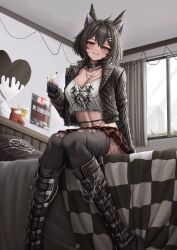 Rule 34 | 1girl, absurdres, among us, animal ears, bed, bedroom, black footwear, black gloves, black hair, black jacket, boots, breasts, cleavage, collar, crewmate (among us), crop top, curtains, fingerless gloves, fishnet pantyhose, fishnets, gloves, grin, highres, index finger raised, jacket, knee boots, large breasts, leather, leather jacket, lobsteranian, looking at viewer, nerd emoji, on bed, original, pantyhose, pillow, red eyes, short hair, sitting, smile, solo, thighhighs, wolf ears, wolf girl