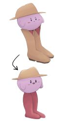 Rule 34 | arrow (symbol), barefoot, blue eyes, blush stickers, boke-chan, boots, brown footwear, brown hat, closed mouth, cowboy boots, cowboy hat, cowboy western, feet, full body, happy, hat, kirby, kirby (series), multiple views, nintendo, no humans, open mouth, simple background, sketch, smile, solo, standing, what, white background