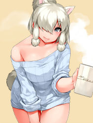 Rule 34 | 10s, 1girl, 2017, alpaca ears, alpaca suri (kemono friends), alpaca tail, alternate costume, animal ears, bare shoulders, beige background, blonde hair, blue sweater, clothes pull, collarbone, cowboy shot, cup, dated, extra ears, foreshortening, giving, grey eyes, hair bun, hair over one eye, hair tie, happa (cloverppd), holding, kemono friends, light smile, long sleeves, looking at viewer, mug, ribbed sweater, shirt pull, short hair, simple background, single hair bun, sleeves rolled up, solo, steam, sweater, tail