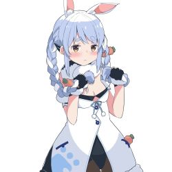 Rule 34 | 1girl, animal ear fluff, animal ears, black gloves, black leotard, blue hair, blush, braid, brown eyes, brown pantyhose, carrot hair ornament, closed mouth, commentary request, detached sleeves, don-chan (usada pekora), dress, food-themed hair ornament, fur-trimmed gloves, fur trim, gloves, hair ornament, hands up, holding, holding own hair, hololive, leotard, long hair, multicolored hair, pantyhose, puffy short sleeves, puffy sleeves, purin a la mode (popup), rabbit ears, short eyebrows, short sleeves, simple background, strapless, strapless dress, strapless leotard, thick eyebrows, twin braids, twintails, two-tone hair, usada pekora, usada pekora (1st costume), virtual youtuber, wavy mouth, white background, white dress, white hair, white sleeves