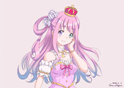 Rule 34 | 1girl, bare shoulders, blue eyes, closed mouth, crescent, crescent earrings, crescent moon, crown, earrings, food-themed hair ornament, hair ornament, heterochromia, highres, himemori luna, himemori luna (1st costume), hololive, jewelry, lips, long hair, looking at viewer, moon, purple eyes, purple hair, saiun nagisa, signature, solo, upper body, virtual youtuber