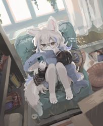 Rule 34 | 1girl, ahoge, animal ears, animal feet, animal hands, animal nose, artist name, barefoot, bike shorts, blue hair, blush, body fur, brown jacket, can, cellphone, claws, covered mouth, curtains, cushion, day, drink can, dutch angle, feet, female focus, footstool, full body, furry, furry female, gomafuto, grey eyes, grey fur, grey hair, half-closed eyes, hands up, highres, holding, holding phone, holding stuffed toy, hugging object, indoors, jacket, japanese text, knees together feet apart, knees up, long hair, long sleeves, looking at phone, messy hair, milestone celebration, multicolored hair, on chair, original, ottoman, phone, shelf, sidelocks, signature, sitting, smartphone, soda can, solo, streaked hair, stuffed animal, stuffed shark, stuffed toy, tail, translation request, twitter username, two-tone fur, two-tone hair, white fur, window, wolf ears, wolf girl, wolf tail