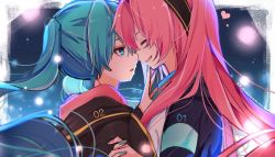 Rule 34 | 2girls, aqua eyes, aqua hair, aqua nails, bad id, bad twitter id, blurry, bokeh, depth of field, expressionless, closed eyes, face-to-face, facing another, hairband, half-closed eyes, holding hands, hand on another&#039;s chin, hatsune miku, heart, hood, hooded jacket, interlocked fingers, jacket, long hair, looking at viewer, megurine luka, multiple girls, nail polish, night, night sky, number print, parted lips, pink hair, pink nails, portrait, sky, smile, sweatdrop, touching another&#039;s chin, twintails, twitter username, very long hair, vocaloid, wanaxtuco, yuri