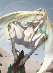 Rule 34 | 1girl, alternate breast size, antennae, bare shoulders, blonde hair, blunt bangs, bodysuit, breasts, cameltoe, capelet, cleft of venus, clothing cutout, commentary, covered navel, creatures (company), diagonal bangs, full body, fusion, game freak, gen 7 pokemon, gold trim, green capelet, green eyes, grey sky, hand on own thigh, high heels, highres, jojobirdz, large breasts, long hair, looking at viewer, lusamine (pokemon), nintendo, outdoors, parted lips, pheromosa, pokemon, pokemon sm, shoulder cutout, sidelocks, sky, smile, solo, squatting, teeth, tiara, ultra beast, very long hair, white bodysuit