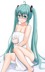 Rule 34 | 1girl, ahoge, aqua eyes, barefoot, blue hair, blush, breasts, cleavage, closed mouth, collarbone, embarrassed, hair between eyes, hair ornament, hatsune miku, highres, long hair, looking at viewer, medium breasts, nude, shiny skin, simple background, sitting, solo, sweatdrop, twintails, very long hair, vocaloid, white background, yousui
