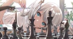 Rule 34 | 1girl, bad id, bad twitter id, black cat, blue eyes, blurry, blurry background, blurry foreground, board game, cat, cat paw, character request, chess, chess piece, chessboard, closed mouth, collared shirt, commentary request, copyright request, depth of field, eyelashes, hair ribbon, holding, indoors, long hair, looking to the side, original, ribbon, shirt, short sleeves, smile, solo, twintails, white hair, white shirt, zattape