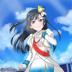 Rule 34 | 1girl, artist name, artist request, black hair, blue hair, blue skirt, blue sky, blush, breasts, cardigan, clenched hand, cloud, collared shirt, dark blue hair, day, female focus, floating hair, gloves, grey eyes, hair ornament, hairclip, hairpin, hand on own chest, hat, highres, jacket, long hair, long sleeves, looking at viewer, love live!, love live! nijigasaki high school idol club, love live! school idol festival, mini hat, miniskirt, necktie, nijiiro passion!, nijiiro passions! (love live!), outdoors, parted lips, plaid, plaid skirt, pleated, pleated skirt, ponytail, rainbow-colored passions!, sash, shako cap, shirt, side ponytail, skirt, sky, small breasts, smile, solo, v-shaped eyebrows, white cardigan, white gloves, white jacket, white necktie, white shirt, yuki setsuna (love live!)