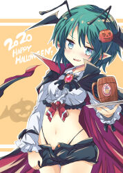 Rule 34 | 1girl, absurdres, adapted costume, antennae, black cape, black shorts, blush, cape, collared shirt, cowboy shot, cup, fang, green eyes, green hair, halloween, halloween costume, happy halloween, head wings, highres, holding, holding tray, long sleeves, mystia lorelei, mystia lorelei (bird), navel, open mouth, pointy ears, red cape, shirt, short hair, shorts, solo, suichuu hanabi, touhou, tray, white shirt, wings, wriggle nightbug