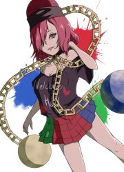Rule 34 | 1girl, anime coloring, black shirt, breasts, chain, chain, cleavage, clothes writing, collar, collarbone, earth (ornament), gold chain, hair over one eye, hand in own hair, heart, hecatia lapislazuli, looking at viewer, miniskirt, moon (ornament), multicolored clothes, multicolored skirt, open mouth, plaid, plaid skirt, red eyes, red hair, shirt, short sleeves, skirt, solo, tenkomori (bug kura), thighs, touhou, white background