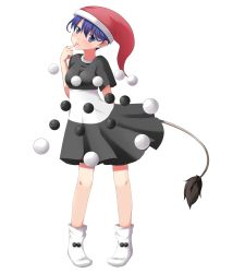 Rule 34 | 1girl, blue eyes, blue hair, blush, doremy sweet, dress, finger to mouth, full body, hat, highres, long hair, looking at viewer, matching hair/eyes, mono (mono60), nightcap, parted lips, pom pom (clothes), ponytail, short hair, short sleeves, smile, socks, solo, tail, tapir tail, touhou, transparent background, white background, white socks