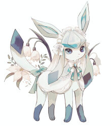 Rule 34 | absurdres, animal, animal ears, blue bow, blue eyes, bow, bowtie, clothed animal, clothed pokemon, creatures (company), flower, full body, game freak, gem, gen 4 pokemon, glaceon, highres, leaf, maid headdress, nintendo, no humans, pokemon, pokemon (creature), ribbon, solo, su (sajo su5), tail, tail bow, tail ornament, tulip, white background, white bow, white flower, white fur, white tulip
