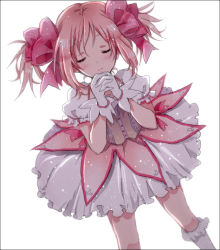 Rule 34 | 10s, 1girl, bad id, bad pixiv id, bow, closed eyes, dress, frilled dress, frills, gloves, hair bow, hair ornament, hishi (k-xaby), kaname madoka, magical girl, mahou shoujo madoka magica, mahou shoujo madoka magica (anime), own hands clasped, own hands together, pink hair, solo, twintails, white legwear