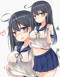 Rule 34 | 10s, 1girl, :d, absurdres, ahoge, black eyes, black hair, blush, breasts, come hither, heart, highres, kantai collection, large breasts, long hair, looking at viewer, navel, open mouth, pleated skirt, saku (kudrove), school uniform, serafuku, skirt, smile, solo, ushio (kancolle), zoom layer