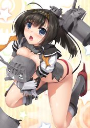 Rule 34 | 10s, 1girl, akizuki (kancolle), black hair, blue eyes, blush, breast press, chestnut mouth, chou-10cm-hou-chan, gloves, hairband, kantai collection, kneeling, nakano sora, hugging object, open mouth, panties, ponytail, red panties, solo, striped, striped background, torn clothes, underwear
