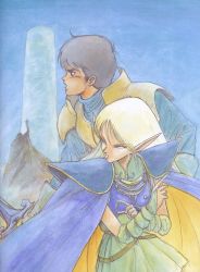 Rule 34 | 1990s (style), 1boy, 1girl, absurdres, armor, artbook, cape, deedlit, elf, highres, parn (lodoss), pointy ears, record of lodoss war, retro artstyle, scan, sword, traditional media, weapon