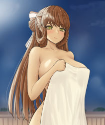 Rule 34 | 1girl, blue sky, blush, breasts, closed mouth, collarbone, covering breasts, covering privates, from below, girls&#039; frontline, green eyes, hair ornament, hair ribbon, hair rings, hanser, highres, large breasts, long hair, looking at viewer, naked towel, nude cover, orange hair, ponytail, ribbon, sky, solo, springfield (girls&#039; frontline), towel