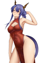 Rule 34 | 1girl, absurdres, arknights, armpits, bare arms, bare shoulders, blue hair, breasts, casperrin, ch&#039;en (ageless afterglow) (arknights), ch&#039;en (arknights), china dress, chinese clothes, cleavage, cleavage cutout, clothing cutout, commentary, covered navel, cowboy shot, dragon horns, dragon tail, dress, groin, hair bun, highres, horns, long hair, looking at viewer, medium breasts, parted lips, red dress, red eyes, simple background, sleeveless, sleeveless dress, solo, standing, tail, thighs, white background