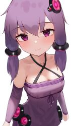 Rule 34 | 1girl, absurdres, bare shoulders, blush, breasts, criss-cross halter, detached sleeves, dress, hair ornament, halterneck, highres, light smile, looking at viewer, penguin (dx19291005), purple dress, purple eyes, purple hair, short hair with long locks, simple background, sketch, small breasts, solo, vocaloid, voiceroid, white background, yuzuki yukari