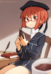 Rule 34 | 10s, 1girl, bespectacled, book, brown eyes, brown hair, coffee, cup, dress, glasses, hat, kantai collection, mug, quill, rimukoro, sailor dress, school uniform, serafuku, short hair, solo, uniform, z3 max schultz (kancolle)