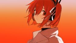 Rule 34 | 1girl, a.i. voice, adachi rei, closed mouth, enka (nacl chica), from side, gradient background, hair ribbon, headset, highres, jacket, looking at viewer, looking to the side, netsu ijou (utau), one side up, orange background, red eyes, red hair, ribbon, short hair, solo, upper body, utau, white jacket, white ribbon