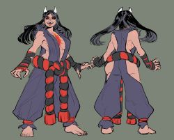 Rule 34 | 1girl, backboob, bare shoulders, black hair, black sclera, breasts, cleavage cutout, clothing cutout, colored sclera, evil ryu, fangs, female focus, genderswap, genderswap (mtf), highres, horns, japanese clothes, kimono, large breasts, long hair, looking at viewer, red eyes, ryu (street fighter), sideboob, smile, solo, street fighter, tattoo