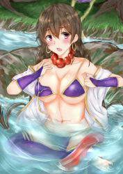 Rule 34 | 1girl, :o, absurdres, bead necklace, beads, bikini, blush, breasts, bridal gauntlets, brown hair, cleavage, earrings, fate/grand order, fate (series), highres, hoop earrings, jewelry, large breasts, long hair, looking at viewer, navel, necklace, partially submerged, prayer beads, purple bikini, purple hair, purple thighhighs, riyo (ryon 96), solo, swimsuit, thighhighs, wardrobe malfunction, water, xuangzang sanzang (fate)