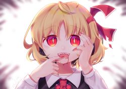 Rule 34 | 1girl, absurdres, ahoge, arms up, bad id, bad pixiv id, black vest, blonde hair, blood, blood from mouth, bob cut, bright pupils, commentary request, darkness, finger to mouth, fingernails, gradient background, gunjou row, hair between eyes, hair ribbon, hand on own face, highres, long fingernails, long sleeves, looking at viewer, nail polish, open mouth, red nails, red neckwear, red ribbon, ribbon, rumia, sharp fingernails, sharp teeth, shirt, short hair, slit pupils, solo, teeth, touhou, upper body, vest, white background, white pupils, white shirt, wing collar