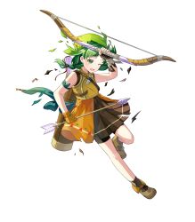 Rule 34 | 1girl, arrow (projectile), bandana, bare shoulders, blush, bow (weapon), braid, broken, broken weapon, child, fingerless gloves, fire emblem, fire emblem: the blazing blade, fire emblem heroes, full body, gloves, green eyes, hand up, highres, leg up, looking away, nintendo, non-web source, official art, one eye closed, open mouth, pleated skirt, quiver, rebecca (fire emblem), ringozaka mariko, shoes, shorts, skirt, sleeveless, socks, solo, torn clothes, transparent background, twin braids, twintails, weapon