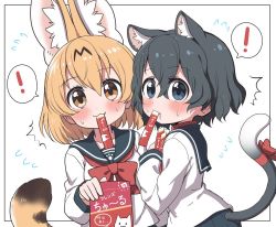 Rule 34 | 2girls, :3, ^^^, alternate costume, animal ears, black hair, blonde hair, blue eyes, blush, bow, bowtie, candy, cat ears, cat tail, commentary request, extra ears, fang, flying sweatdrops, food, food in mouth, kaban (kemono friends), kemono friends, long sleeves, looking at viewer, multicolored hair, multiple girls, no headwear, no headwear, pleated skirt, ransusan, red bow, red neckwear, sailor collar, school uniform, serafuku, serval (kemono friends), serval print, serval tail, short hair, skirt, sweatdrop, tail, tail bow, tail ornament, translation request, yellow eyes