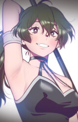 Rule 34 | 1girl, andrian januar adilia, arm strap, armpits, black dress, breasts, collarbone, commentary, dress, english commentary, green hair, hair between eyes, highres, holding, long hair, looking at viewer, medium breasts, purple eyes, side ponytail, sidelocks, smile, solo, sousou no frieren, ubel (sousou no frieren), upper body, white background