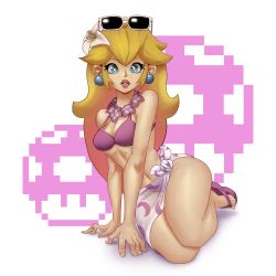 Rule 34 | 1girl, absurdres, bare arms, bikini, blonde hair, blue eyes, breasts, cleavage, collar, corbiejack, earrings, feet, flower, full body, hair flower, hair ornament, highres, jewelry, legs, lips, logo, long hair, looking at viewer, lying, mario (series), medium breasts, navel, nintendo, on side, parted lips, pink bikini, pixel art, princess peach, sandals, sarong, sitting, solo, sunglasses, sunglasses on head, super mario odyssey, swimsuit, thick lips, white background