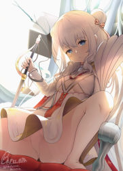 Rule 34 | + +, 1girl, azur lane, backlighting, bad id, bad pixiv id, breasts, chair, commentary, double bun, english commentary, hair bun, head tilt, highres, holding, holding sword, holding weapon, le malin (azur lane), light smile, long sleeves, looking at viewer, pairleaf, panties, panties under pantyhose, pantyhose, pantyshot, rapier, sidelocks, silver hair, sitting, skirt, small breasts, solo, sword, symbol-shaped pupils, underwear, weapon, white panties, white pantyhose