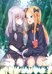 Rule 34 | 2girls, :d, abigail williams (fate), black bow, black dress, blonde hair, bloomers, blue eyes, blue sky, blurry, blurry background, blush, bow, bug, butterfly, closed mouth, cloud, commentary request, day, depth of field, dress, eye contact, fate/grand order, fate (series), hair bow, highres, holding hands, insect, lavinia whateley (fate), long sleeves, looking at another, looking at viewer, mad (hazukiken), multiple girls, nature, no headwear, hugging object, open mouth, orange bow, outdoors, parted bangs, polka dot, polka dot bow, red eyes, seiza, sitting, sky, sleeves past wrists, smile, stuffed animal, stuffed toy, sunlight, teddy bear, teeth, underwear, upper teeth only, wariza, wavy mouth, white bloomers