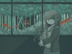 Rule 34 | 1girl, awaya yawako, commentary request, dot nose, flower, flower pot, forest, from side, green theme, greyscale, indoors, jacket, long hair, long sleeves, monochrome, nature, neckerchief, open clothes, open jacket, original, pleated skirt, red flower, sad, school uniform, serafuku, shirt, skirt, solo, spider lily, spot color, tears, torii, tree, wilted flower, window