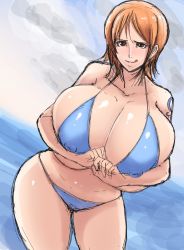 Rule 34 | 1girl, :p, bare arms, bare shoulders, beach, bikini, blue bikini, blush, breasts, brown eyes, cleavage, curvy, covered erect nipples, female focus, highres, hip focus, huge breasts, nami (one piece), ocean, ogura anko, one piece, orange hair, outdoors, short hair, smile, solo, swimsuit, tattoo, thick thighs, thighs, tongue, tongue out, wide hips