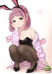 Rule 34 | 1girl, animal ears, arched bangs, black footwear, black hairband, black leotard, blush, breasts, brown eyes, brown pantyhose, cardigan, cleavage, closed mouth, collarbone, commentary request, creatures (company), eyelashes, full body, game freak, hair ornament, hairband, hairclip, head rest, heart, high heels, lacey (pokemon), leotard, long sleeves, medium breasts, nest ball, nintendo, off shoulder, open cardigan, open clothes, pantyhose, pink cardigan, pokemon, pokemon sv, rabbit ears, smile, solo, spoken heart, squatting, wamu (chartreuse)