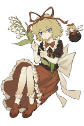 Rule 34 | 1girl, absurdres, black shirt, blonde hair, blue eyes, bow, closed mouth, collared shirt, doll, flower, frilled shirt collar, frilled skirt, frills, hair between eyes, hair ribbon, highres, holding, holding flower, lily of the valley, medicine melancholy, red bow, red ribbon, red skirt, ribbon, shirt, shiye hong, short hair, short sleeves, simple background, skirt, su-san, touhou, white background