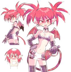Rule 34 | 1girl, :3, ass, back, bandeau, bangle, bat wings, belt, black bandeau, black gloves, black thighhighs, blush, blush stickers, bracelet, character sheet, choker, commentary, crossed arms, demon girl, disgaea, earrings, elbow gloves, embarrassed, etna (disgaea), eyes visible through hair, flat chest, gloves, groin, hair between eyes, hair tie, hand on own hip, holding own tail, inkerton-kun, jewelry, looking back, microskirt, midriff, mini wings, multiple views, naked towel, naughty face, navel, open mouth, pencil skirt, pointy ears, red eyes, red hair, shaded face, sharp teeth, shoulder blades, simple background, skirt, skull earrings, slit pupils, smile, tail, teeth, thighhighs, tongue, tongue out, towel, twintails, wet, white background, wings, zettai ryouiki